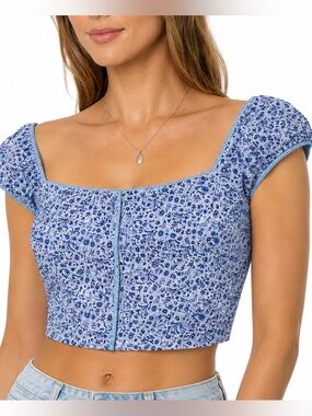 Vintage Tempted Blue ditsy Floral cap sleeve Milkmaid Crop Top Hook & Eye Medium